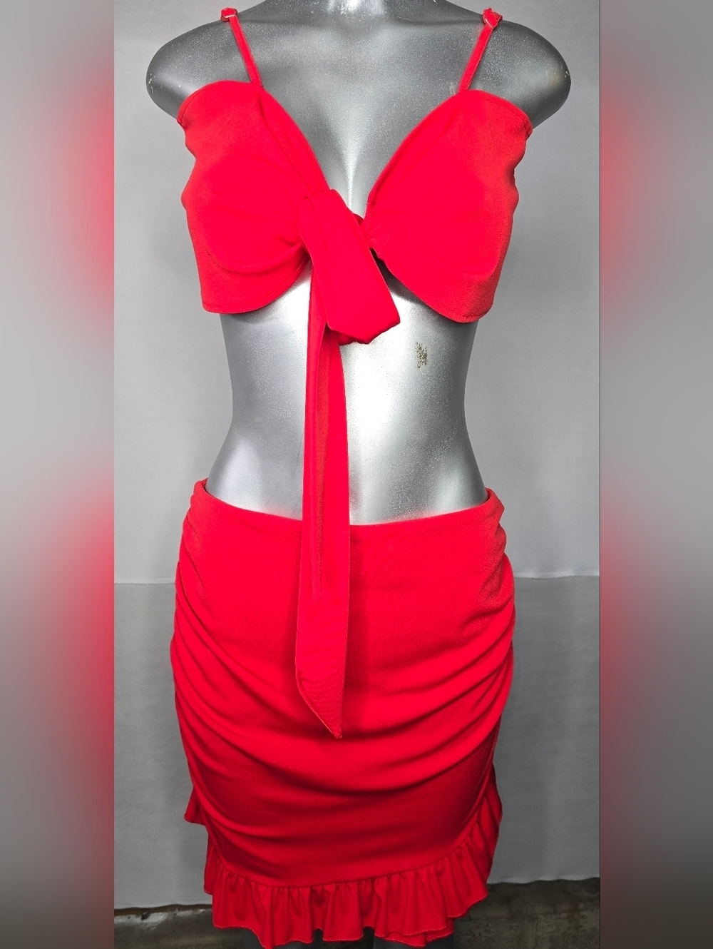 Two Piece Ruffle Skirt Set and Tie Adjustable Strap XL Red
